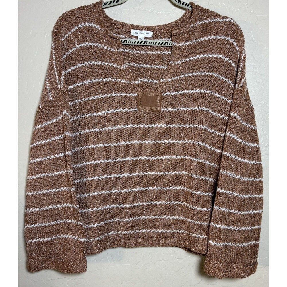 Blu Pepper Womens Small Striped Open Knit Sweater Split Neck Boho